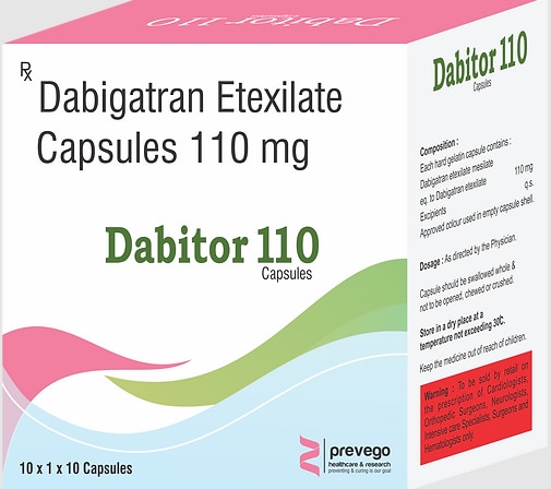 Dabitor 110mg Capsule is an anticoagulant or blood thinner. It helps prevent and treat blood clots. It is used to reduce the risk of stroke and heart attack. It prevents and treats clot formation in the veins of your legs, lungs, brain, and heart.