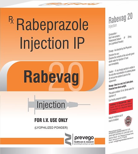 Rabevag 20mg Injection is a medicine that reduces the amount of acid produced in your stomach. It is used for treating acid-related diseases of the stomach and intestine such as acid reflux, indigestion, peptic ulcer disease, and some other stomach conditions associated with excessive acid production.