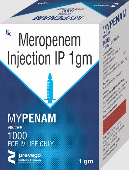 Mypenam 1gm Injection is an antibiotic that is used to treat severe infections of the skin, lungs, stomach, urinary tract, blood, and brain (eg. meningitis). It works by killing the bacteria that cause these problems. However, it will not treat a viral infection.