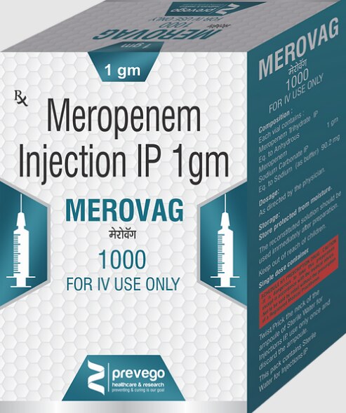Merovag 1gm Injection is an antibiotic that is used to treat severe infections of the skin, lungs, stomach, urinary tract, blood, and brain (eg. meningitis). It works by killing the bacteria that cause these problems. However, it will not treat a viral infection.