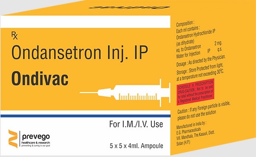 Ondivac Injection 4ml is an antiemetic medicine commonly used to control nausea and vomiting due to certain medical conditions like stomach upset. It is also used to prevent nausea and vomiting caused due to any surgery, cancer drug therapy or radiotherapy.