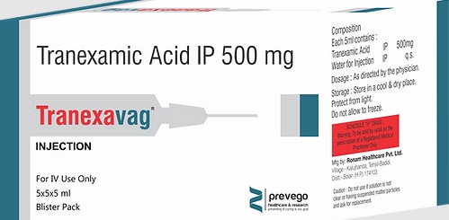 Tranexavag Injection 5ml is used to treat bleeding. It helps to prevent or reduce bleeding in conditions like tooth removal, heavy periods, dysfunctional uterine bleeding, nosebleed, and in any oral, prostate, or bladder surgery.
