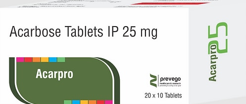 ACARPRO 25 Tablet is used to treat people with type 2 diabetes mellitus. It helps lower blood sugar levels after meals. It belongs to a group of medicines known as alpha-glucosidase inhibitors. This medicine is usually prescribed in combination with other diabetes medications.