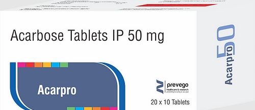 ACARPRO 50 Tablet is used to treat people with type 2 diabetes mellitus. It helps lower blood sugar levels after meals. It belongs to a group of medicines known as alpha-glucosidase inhibitors. This medicine is usually prescribed in combination with other diabetes medications.