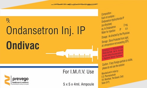 ONDIVAC 4mg Injection is an antiemetic medicine commonly used to control nausea and vomiting due to certain medical conditions like stomach upset. It is also used to prevent nausea and vomiting caused due to any surgery, cancer drug therapy or radiotherapy.