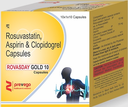 ROVASDAY GOLD 10 Capsule is used for prevention of heart attack. It is a combination of medicines that prevent clot formation in the blood vessels. It also helps to reduce increased cholesterol and triglycerides levels.