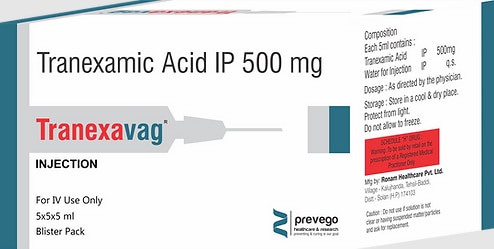 TRANEXAVAG 5ML Injection 5ml is used to treat bleeding. It helps to prevent or reduce bleeding in conditions like tooth removal, heavy periods, dysfunctional uterine bleeding, nosebleed, and in any oral, prostate, or bladder surgery.