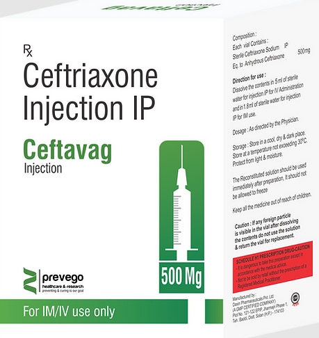 CEFTAVAG 500 Injection is an antibiotic belonging to the cephalosporin group, which is used to treat bacterial infections in your body. It is effective in infections of the brain (e.g., meningitis), lungs (e.g., pneumonia), ear, urinary tract, skin & soft tissues, bones & joints, blood, and heart.
