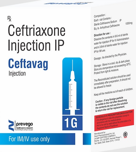 CEFTAVAG 1G Injection is an antibiotic belonging to the cephalosporin group, which is used to treat bacterial infections in your body. It is effective in infections of the brain (e.g., meningitis), lungs (e.g., pneumonia), ear, urinary tract, skin & soft tissues, bones & joints, blood, and heart.