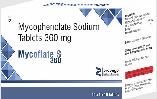 MYCOFLATE S 360 Tablet belongs to a group of medicines called immunosuppressants. It is used with other medicines to prevent your body from rejecting an organ (such as a kidney, heart, or liver) after a transplant. It works by weakening your body’s immune system, so it does not attack the transplanted organ.
