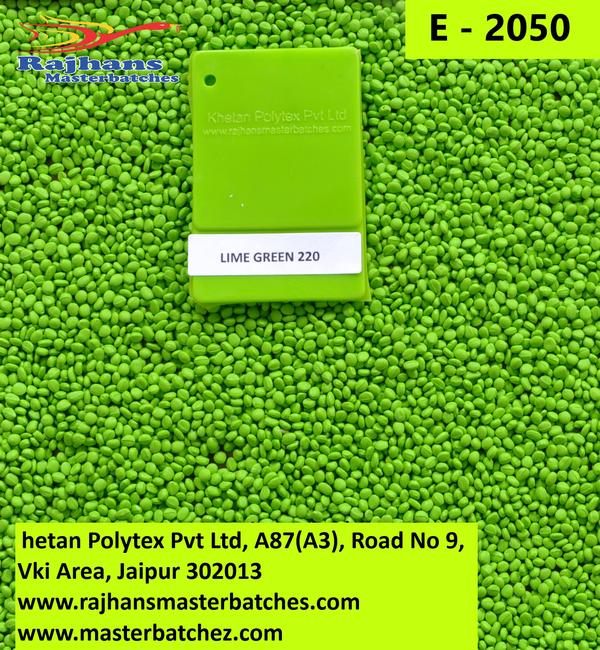 GREEN E- 2050 HAS LIME GREEN COLOR SHADE. IT IS A BRIGHT LEMON GREEN COLOR WITH EXCELLENT HEAT STABILITY. IT IS WIDELY USED IN BLOWN FILM AND BLOW MOULDING APPLICATION.