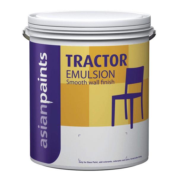 PRODUCT CODE 0057Tractor EmulsionAsian Paints Tractor Emulsion gives a smooth finish to the wall. It is a smart choice if you have been previously using distemper.A Smart UpgradeTractor Emulsion is the perfect way to make a smart upgrade from distemper. It offers the finish of plastic paint, at a cost that is not too different from distemper. It gives 1.5 times the coverage of distemper, so you need less material. It also lasts for at least 3 - 4 years, so you don’t have to paint that often.Smooth finish:Tractor Emulsion offers your walls a smooth emulsion finish, making it the perfect value for money paint.Color:Tractor Emulsion offers a wide range of shades (1600+). So you can choose your favorite colors for your home.For Color Card Contact Us.Shelf life: 3 years from date of manufacture in original tightly closed containers away from direct sunlight and excessive heat.PRE PAINTING STEPS:PLASTER :New masonry surfaces must be allowed to cure completely. It is recommended to allow 28 days as the curing time for new masonry surfaces.CLEANING :Surface should be free from any loose paint, dust or grease. Growths of fungus, algae or moss should be removed by wire brushing and water. In case of areas having excessive dampness use Asian Paints Damp Block to limit further dampness.FILLING FOR CRACKS :For filling cracks upto 3mm use Asian Paints SmartCare Exterior Sealer.FILLING FOR HOLES & DENTS :In case of dents and holes use Asian Paints Acrylic Wall Putty or white cement and fine sand in the ratio 1:3 For interior surfaces or substrates that are subjected to continuous seepage or dampness, kindly use Asian Paints SmartCare Damp Block before the top coat application.POST PAINTING CAREFor the best performance of the paint, ensure proper washing and cleaning of all algal and fungal growth, if any, at regular intervals of six months.TECHNICAL DETAILSa. Drying time: Surface dry time 30 minb. Sheen levels: 2 - 5 at 60 deg GHc. Flash point IS101/1987 Part 1, Sec 6: NAd. Stability of thinned paint: To be used within 24 hoursPRECAUTIONS1) Do not apply when ambient temperature is less than 10°C or if the temperature might drop to this level within 4 hrs of application.2)Do not over-thin or over-extend the brush.3)Tint using Asian Paints machine colorants only4)Stir well and strain before use.5)Tinted paints need thorough shaking immediately after tinter addition as well as before use.SAFETY FEATURES1) Kindly refer to the MSDS for Asian Paints Tractor Emulsion which gives detailed information on safety measures while handling the paint, which is available on request.2) Store the container with the lid tightly closed in an upright position, in a cool, dry place3) Keep out of reach of children and away from eatables.4) May be harmful if swallowed. In case of ingestion seek immediate medical attention.5) Wear eye protection during application. In case of contact with eyes, rinse immediately with plenty of water and seek medical advice.6) In case of skin contact immediately wash skin with soap and plenty of water. Get medical attention if irritation develops or persists.7) Do not breathe vapor or spray.It is recommended to wear suitable nose pad during sanding and surface preparation to avoid dust inhalation.8) Do not pour leftover paint down the drain or in water courses.9) In the event of spills, contain spillage using sand or earth.10) No added Lead, Mercury or Chromium compounds.