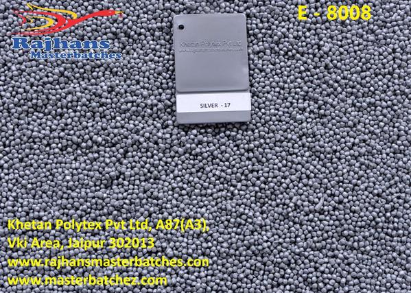silver masterbatches that have uniform pellet size for better mixing. our E-8008 silver masterbatches are in high demand as it imparts light fastness, thermal stability and color consistency to the plastic products.It is available in 20 shade’s of colors, it is main advantage our silver masterbatch available at competitive prices.Silver masterbatch mostly used in a number of industrial applications like Agriculture films & Other Films, Injection molding, Blow molding, Insulation of cables and Pipe etc.Keep the product in cool & dry place with good ventilation. Away from the direct sunlight and high temperature