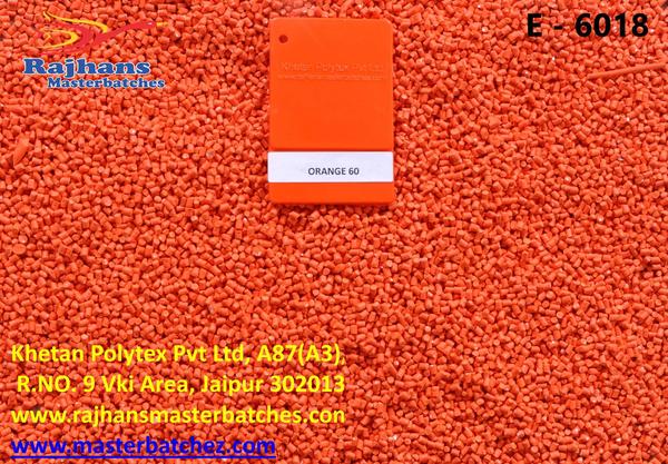 ORANGE E 6018 MASTERBATCH IS A STRONG COLOR WITH EXCELLENT HEATING AND WEATHER STABILTY. THIS COLOR MAINLY USED IN OUTDOOR APPLICATION LIKE DWC PIPES, GAMLA,TARPAULIN, INJECTION MOULDING ETC.