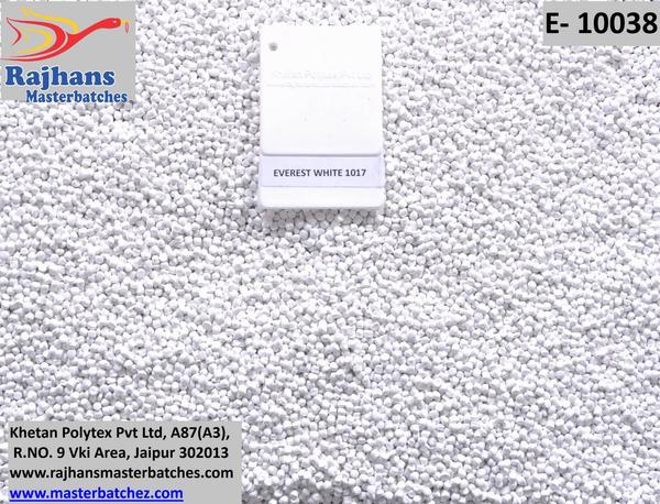OUR E 10038 WHITE IS BRIGHTER BLUE LIKE EVEREST WHITE MASTERBATCH. IT HAS EXCELLENT OPACITY WITH HIGH SHINING.DUE TO HIGH OPACITY AND WHITENESS THIS MASTERBATCH IS REQUIRED TO END PRODUCT AS MINIMUM DOSES TO OBTAINED REQUIRED WHITENESS AND OPACITY.IT HAS ENVIRONMENT FRIENDLY PROPERTIES.