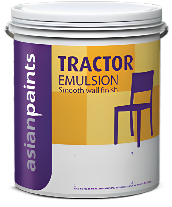 PRODUCT CODE 0057Tractor EmulsionAsian Paints Tractor Emulsion gives a smooth finish to the wall. It is a smart choice if you have been previously using distemper.A Smart UpgradeTractor Emulsion is the perfect way to make a smart upgrade from distemper. It offers the finish of plastic paint, at a cost that is not too different from distemper. It gives 1.5 times the coverage of distemper, so you need less material. It also lasts for at least 3 - 4 years, so you don’t have to paint that often.Smooth finish:Tractor Emulsion offers your walls a smooth emulsion finish, making it the perfect value for money paint.Color:Tractor Emulsion offers a wide range of shades (1600+). So you can choose your favorite colors for your home.For Color Card Contact Us.Shelf life: 3 years from date of manufacture in original tightly closed containers away from direct sunlight and excessive heat.PRE PAINTING STEPS:PLASTER :New masonry surfaces must be allowed to cure completely. It is recommended to allow 28 days as the curing time for new masonry surfaces.CLEANING :Surface should be free from any loose paint, dust or grease. Growths of fungus, algae or moss should be removed by wire brushing and water. In case of areas having excessive dampness use Asian Paints Damp Block to limit further dampness.FILLING FOR CRACKS :For filling cracks upto 3mm use Asian Paints SmartCare Exterior Sealer.FILLING FOR HOLES & DENTS :In case of dents and holes use Asian Paints Acrylic Wall Putty or white cement and fine sand in the ratio 1:3 For interior surfaces or substrates that are subjected to continuous seepage or dampness, kindly use Asian Paints SmartCare Damp Block before the top coat application.PAINTING PROCEDUREThe painting procedure for Asian Paints Tractor Emulsion is as below:1) Sand the surface with Emery Paper 180 and wipe it clean. 2) Apply AP TruCare Interior Wall Primer Sealer (Oil based or Water based). You can use a brush or a spray for application. 3) Apply Asian Paints TruCare Wall Putty and add water as required to make it into a paste. Leave the surface to dry for 4 - 6 hours. 4) Sand the surface again with Emery Paper 180 and wipe it clean. 5) Then apply 2 coats of AP TruCare Interior Wall Primer Sealer. 6) Leave the surface to dry for 6 - 8 hours and later sand it with Emery Paper 220.7) Apply the first coat of the Tractor Emulsion and allow it to dry for four hours.8) Apply the second coat of the Tractor Emulsion and allow it to dry for 3 - 4 hours.POST PAINTING CAREFor the best performance of the paint, ensure proper washing and cleaning of all algal and fungal growth, if any, at regular intervals of six months.TECHNICAL DETAILSa. Drying time: Surface dry time 30 minb. Sheen levels: 2 - 5 at 60 deg GHc. Flash point IS101/1987 Part 1, Sec 6: NAd. Stability of thinned paint: To be used within 24 hoursPRECAUTIONS1) Do not apply when ambient temperature is less than 10°C or if the temperature might drop to this level within 4 hrs of application.2)Do not over-thin or over-extend the brush.3)Tint using Asian Paints machine colorants only4)Stir well and strain before use.5)Tinted paints need thorough shaking immediately after tinter addition as well as before use.SAFETY FEATURES1) Kindly refer to the MSDS for Asian Paints Tractor Emulsion which gives detailed information on safety measures while handling the paint, which is available on request.2) Store the container with the lid tightly closed in an upright position, in a cool, dry place3) Keep out of reach of children and away from eatables.4) May be harmful if swallowed. In case of ingestion seek immediate medical attention.5) Wear eye protection during application. In case of contact with eyes, rinse immediately with plenty of water and seek medical advice.6) In case of skin contact immediately wash skin with soap and plenty of water. Get medical attention if irritation develops or persists.7) Do not breathe vapor or spray.It is recommended to wear suitable nose pad during sanding and surface preparation to avoid dust inhalation.8) Do not pour leftover paint down the drain or in water courses.9) In the event of spills, contain spillage using sand or earth.10) No added Lead, Mercury or Chromium compounds.