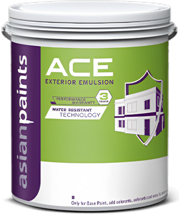 Looking for an exterior paint that saves time, effort and money during application? Opt for Ace Exterior Emulsion - a water-based exterior wall finish with unique water resistance technology. It’s the perfect outdoor paint as it has a first-rate resistance to chalking, cracking, and weathering as opposed to cement paints.PRODUCT CODE 0051AceAsian Paints Ace Exterior Emulsion is a water-based exterior wall finish with silicon additives suitable fordry to moderately humid climatic conditions.PRODUCT BENEFITSBetter PerformanceACE offers excellent resistance to chalking, cracking and weathering in comparison to cement paint. Its modified acrylic binder ensures that paint stays on your wall longer than cement paint. Save Money in the Long Run ACE lasts longer than cement paint and hence proves more economical in the long run. It also does not require curing and therefore saves time, effort and money during application.Clean ShadesACE gives neat and clean shades that do not fade and last longer than cement paint shades. It is available in strong/dark shades that provide excellent hiding. It is available in over 1500 attractive shades.Better Anti-algal PerformanceACE provides better anti-algal protection than cement paint especially in dry to moderately humid climatic conditions.A few pre-requisites for applying the Ace Exterior Emulsion are:1) Check if there are any light green, dark green or black spots on your walls (Algae). If yes then, clean the wall surface using a bio-wash. For the bio-wash, mix 15% of locally available bleaching powder in a bucket full of water. This mixture will kill all the organic growth on the wall surface.2) Please ensure that all water leakages and seepages are repaired before painting.3) Check if there are any cracks in your walls. If there are minor surface cracks, you need to fill them with Exterior Wall Putty or a mixture of cement and sand. However, for bigger cracks you need to consult your nearest local civil contractors.Painting Procedure1) Cleaning: (If required with bio-wash) Sand the surface using Emery Paper No. 180 followed by Emery Paper No. 320 or 400 and wipe it clean.2) Smoothen: Use Asian Paints Wall Putty to smoothen surfaces (Optional).3) Priming: Apply Exterior Wall Primer.4) To apply the paint, mix 750 ml. of water with 1 litre of Ace Exterior Emulsion. Apply 2 - 3 coats of Ace Exterior Emulsion with a 4 - 6-hour gap between each layer.Technical ParameterDrying time- Surface dry time 30 minSheen levels- 3 - 10 at 60 deg GHFlash point IS101/1987 Part 1, Sec 6- NAStability of thinned paint- To be used within 24 hoursPOST PAINTING CAREFor the best performance of the paint, ensure proper washing and cleaning of all algal and fungal growth, if any, at regular intervals of six months.PRECAUTIONS1) Do not apply when ambient temperature is less than 10°C or if the temperature might drop to this level within 4 hours of application.2) Do not over-thin or over-extend the brush.3) Tint using Asian Paints machine colourants only.4) Stir well and strain before use.5) Tinted paints need thorough shaking immediately after tinter addition as well as before use. For extremely rough surface including textures: Application by brush is recommended to ensure all the grooves are covered well.6) Paint will not cover existing cracks, proper care to be taken to ensure the cracks are filled first and then topcoat is applied.7) For surfaces having heavy algal infestation, proper cleaning followed by application of BIO BLOCK is mandated.8) Primer coat or only one coat of topcoat should not be kept exposed in monsoon. Complete application before monsoon to be ensured.9) Specially in pre-monsoon season, horizontal surface to be coated first and then vertical. This will help reduce the streak marks of algal growth if any.10) For best performance ensure that the surface is dry. On moisture meter it should be under the green zone. In case it is in Red zone, find out the source of water and address it before painting.11) pH of wall to be below 12, if higher use of Smart Care Primero recommended. 12) Thinned paint should be consumed within 24 hrs of dilution. Accordingly it is recommended to thin down only necessary amount of paint. Post 24 hrs thinned paint may be susceptible for microbial attack.13)Ensure not to use Chlorinated water for dilution.SAFETY FEATURES1) Kindly refer to the MSDS for Asian Paints Ace which gives detailed information on safety measures while handling the paint, which is available on request.2) Store the container with the lid tightly closed in an upright position, in a cool, dry place Keep out of reach of children and away from eatables.May be harmful if swallowed. In case of ingestion seek immediate medical attention.3) Wear eye protection during application. In case of contact with eyes, rinse immediately with plenty of water and seek medical advice.4) In case of skin contact immediately wash skin with soap and plenty of water. Get medical attention if irritation develops or persists.5) Do not breathe vapour or spray. It is recommended to wear suitable nose pad during sanding and surface preparation to avoid dust inhalation.6) Do not pour leftover paint down the drain or in water courses. In the event of spills, contain spillage using sand or earth.7) No added Lead, Mercury or Chromium compounds.8) Left-Over Paint Disposal: Left-over paint/drums should not be disposed in soil/drains. Consumers should consult a local recycling agency for proper disposal of paint/drums.