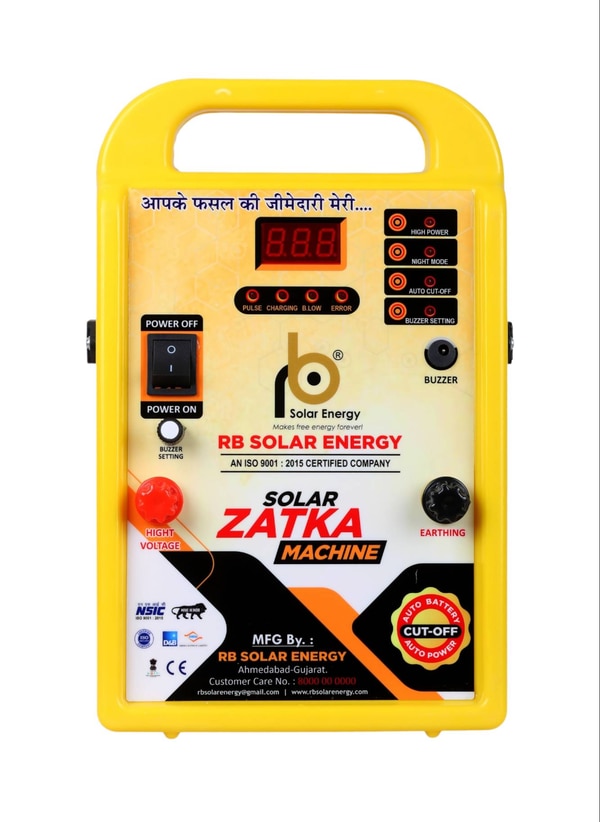 Digital solar zatka machine:- we are manufacturing solar fencing machine in ahmedabad-gujarat since 2014. we have wide range in solar fence energizer machine which is operated from solar and electric also.Feature:-= Designed as per BIS Standards given by Govt of india.= Auto Battery High & Low Cut-off Available.= Auto power Cut-off Available.= Programmable Push to on switch.= Voltage Reading on Display.= Rain Proof Machine.= Inbuilt Battery storage Available.= Best Battery Backup.= Reverse Battery Protection Available.= Solar/Elecric Charging option Available.= Day Night Mode Available.= Heavy ABS Body Fiber Cabinet.= Best Packing with Thermocol coating.Technical Details:-Power output : 9999 VoltsInput Current : <500mAhRange : 50 AcoreOutput Energy : 6 jouleBattery storage : AvailableLED Indication : AvailableShape : Square with HandleWarranty : 1 YearBody Material : ABS FiberCountry Of Origin : Made in Indiafor more details call or whatsapp on : 9913722571.