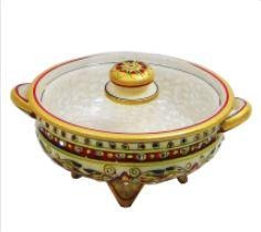 Gift your near and dear ones this beautiful handcrafted and art engraved marble container with transparent cover with marble handle.This unique diwali dry fruit box made with marble, engraved with fine meenakari works of art and complete with a suitable transparent cover lid is a result of meticulous finesse from master craftsmen. This attractive marble container is a popular return gift items for your guests or traditional diwali gifts. You can get a few pieces for your use too. Dry fruits and other items can be stored in this container. The fine work of art on the base deserves a special mention.