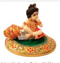 The adorable Kanha eating makkhan Idol in soft marble is the ideal choice for all the lovers of the cute and lovable younger avatar of Lord Krishna. This finely carved statue is set to tug at the heartstring of all people who set their eyes upon it while adding to the piety of the household. The immaculate color scheme and milky white shade of the soft marble add fine contrast, while the evergreen image of Kanha stealing from a pot of butter is sure to light up all house interiors it graces. Krishna idol is a magnificent baby shower return gift to share the joy of welcoming a baby.