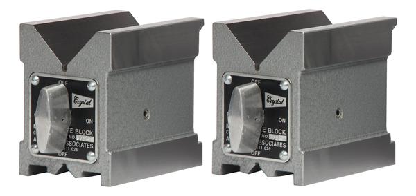 Magnetic V Blocks. Ideal for holding cylindrical and other complex workpieces for marking, spark erosion, grinding and measurement. The 'v' and the base are both magnetic. Both are energised / de-energised at the same time by the toggle switch.