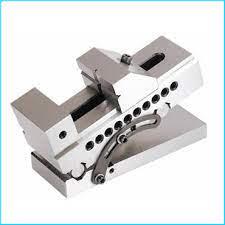 The sine vise is a screwless vise that sits on two cylinders. One cylinder is the axis of rotation of the vise body. The second cylinder is positioned very precisely at a known distance from the axis of rotation.