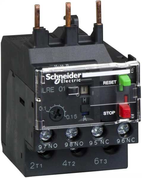 Schneider Electric offers Thermal Overload Relays as part of their motor protection devices. A Thermal Overload Relay is an electrical device used to protect motors from overheating due to excessive current flow. Here are some key features and information about Schneider Thermal Overload Relays:TeSys Series: Schneider Electric's Thermal Overload Relays are typically part of their TeSys series of motor control and protection products. TeSys relays are designed to provide reliable motor protection and control.Motor Protection: Thermal Overload Relays are primarily used for motor protection. They monitor the motor's current and trip the circuit if the current exceeds the set threshold, indicating an overload condition.Thermal Sensing: Schneider Thermal Overload Relays use bi-metallic elements or temperature sensors to measure the motor's heat generated by the current flow. As the temperature increases, the relay responds by tripping the circuit to protect the motor from damage.Adjustable Trip Current: Schneider Thermal Overload Relays typically allow for adjusting the trip current or overload setting. This adjustment ensures that the relay responds appropriately to the motor's specific current requirements and protects against both overload and underload conditions.Reset Mechanism: After the relay trips due to an overload condition, it typically includes a reset mechanism to restore power to the motor once the condition has been resolved. Depending on the specific model, the reset may be manual or automatic.Trip Indication: Schneider Thermal Overload Relays often feature trip indication mechanisms such as LED indicators or mechanical flags to provide visual confirmation of the relay's status.Mounting Options: Thermal Overload Relays are designed for easy integration into motor control panels. Schneider relays offer various mounting options, including direct mounting on contactors or mounting on DIN rails.Coordination with Contactors: Schneider Thermal Overload Relays are compatible with Schneider contactors and can be used in combination with them for motor control and protection.Compliance and Standards: Schneider Electric manufactures Thermal Overload Relays that meet international safety standards, ensuring reliable and safe operation.When selecting a Schneider Thermal Overload Relay, consider factors such as the motor's current rating, trip current adjustment range, coordination with contactors, and compatibility with the motor control system. Refer to the product specifications, technical datasheets, and guidelines provided by Schneider Electric for detailed information and proper selection of the appropriate Thermal Overload Relay for your motor protection needs.