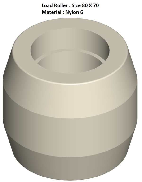 Material: Nylon6Size: 1. Outside Diameter : 80mm2. Width: 70mm3. Bearing : 6204ZZ, 2 Nos4. Bore Diameter : 20mmWe manufacture and provide high quality range of Load Roller. We complete focus in designing accurate size and dimension for perfect fitting.Specifications :01. High strength and quality Nylon wheel. 02. Tapered profile.03. Wheels adaptable to pallet trucks and trolleys for transport. 04. Ideal as a replacement for pallet truck wheels when they wear out or break.Price Policy:Price only for Roller without bearing. If you required with bearing, Charge will be extra.Range :80 X 70Additional Information:Delivery Time: 4 - 6 Working DaysPackaging Details: Standard