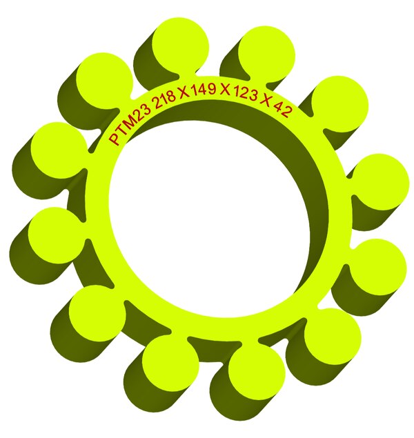 Material: Cast PolyurethaneSize: 1. OD With Petal: 218mm2. Ring OD: 149mm3. Ring Inner: 123mm4. Thickness: 42mm5. No. of Petal: 12mmWe manufacture and provide high quality range of Spider Coupling. We complete focus in designing accurate size and dimension for perfect fitting.PTM1, PTM2, PTM3, PTM4, PTM5, PTM6, PTM7, PTM8, PTM9, PTM10, PTM11, PTM12, PTM13, PTM14, PTM15, PTM16, PTM17, PTM18, PTM19, PTM20, PTM21, PTM22, PTM23Additional Information:Delivery Time: 4 - 6 Working DaysPackaging Details: Standard