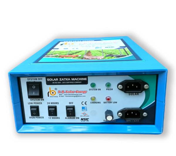 RB Solar manufacturer of Solar Zatka Machine in Fiber Body, Technical Details are as below, Power Output - 13KVRange - 50 AcreSiren - YesCharging - YesBody Type - FiberSolar and Electric Charging option availableLed indication are available