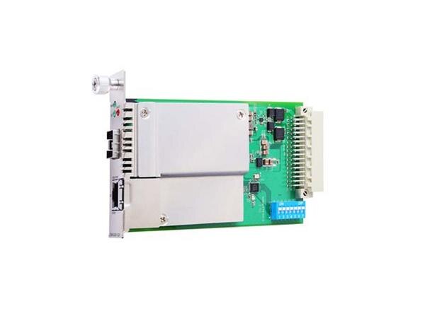  Unmanaged SFP slide-in media converter modules for the NRack System™ ● LFP (Link Fault Pass-Through) and FEF (Far End Fault) ● Two different operation modes: store-and-forward and pass-through ● Auto-negotiation ● Plug and play ● Hot-swappable ● Supports 10 KB jumbo framesProduct categoryMedia Convertersub-categoryEthernet to Fiber ConverterPartner nameMoxaSeries nameCSM-G200 SeriesAttributesEthernet Port1Fiber Port1Media Converters Type	Ethernet-to-Fiber	Ethernet Interface	1 100/1000BaseSFP Ports	Fiber Port	1 10/100/1000BaseT(X)Ports (RJ45 connector)PoE Ports	–	Combo Ports	–	Input Voltage	12 VDCIP	–	Mounting	–	Dimensions	86.8 x 124.3 x 21 mm(3.42 x 4.89 x 0.83 in)Weight	140 g (0.31 lb)	Housing	–	Operating Temperature	0 to 55°C (32 to 131°F)Warranty Period	5 years	 	 	 	 