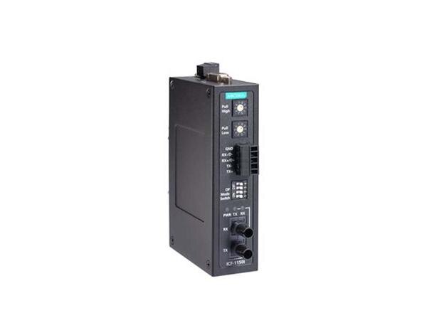 ● 3-way communication: RS-232, RS-422/485 and fiber ● Rotary switch to change the pull high/low resistor value ● Extends RS-232/422/485 transmission ● 40 km with single-mode or 5 km with multi-mode ● -40 to 85°C wide-temperature range models available ● C1D2, ATEX, and IECEx certified for harsh industrial environmentsProduct categoryMedia Convertersub-categorySerial to Fiber ConverterPartner nameMoxaSeries nameICF-1150 SeriesAttributesSerial Port1Fiber Port1Media Converters Type	Serial to Fiber Converter	Serial Interface	2 RS-232, RS-422,RS-485	Fiber Port	1PoE Ports	–	Combo Ports	–	Input Voltage	–IP	IP30	Mounting	DIN-rail mounting	Dimensions	30.3 x 70 x 115 mm(1.19 x 2.76 x 4.53 in)Weight	330 g (0.73 lb)	Housing	Metal	Operating Temperature	0 to 60°C (32 to 140°F)Warranty Period	5 years