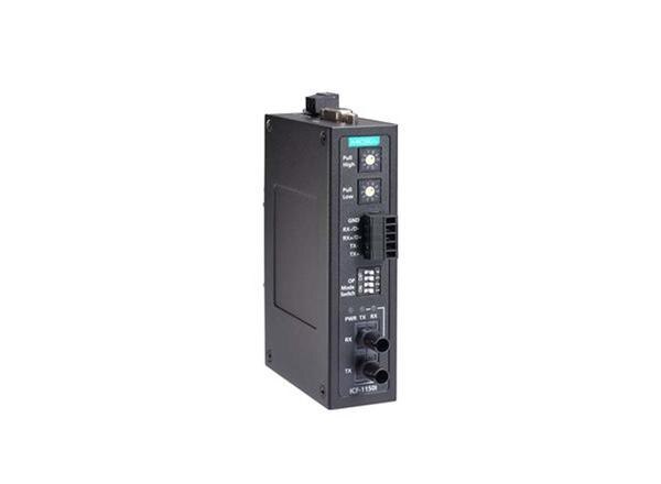● 3-way communication: RS-232, RS-422/485 and fiber ● Rotary switch to change the pull high/low resistor value ● Extends RS-232/422/485 transmission ● 40 km with single-mode or 5 km with multi-mode ● -40 to 85°C wide-temperature range models available ● C1D2, ATEX, and IECEx certified for harsh industrial environmentsProduct categoryMedia Convertersub-categorySerial to Fiber ConverterPartner nameMoxaSeries nameICF-1150 SeriesAttributesSerial Port1Fiber Port1Media Converters Type	Serial to Fiber Converter	Serial Interface	2 RS-232, RS-422,RS-485	Fiber Port	1PoE Ports	–	Combo Ports	–	Input Voltage	–IP	IP30	Mounting	DIN-rail mounting	Dimensions	30.3 x 70 x 115 mm(1.19 x 2.76 x 4.53 in)Weight	330 g (0.73 lb)	Housing	Metal	Operating Temperature	0 to 60°C (32 to 140°F)Warranty Period	5 years	 	 