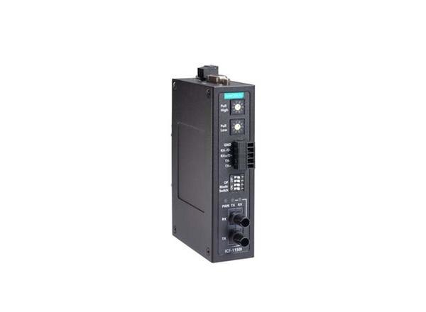● 3-way communication: RS-232, RS-422/485 and fiber ● Rotary switch to change the pull high/low resistor value ● Extends RS-232/422/485 transmission ● 40 km with single-mode or 5 km with multi-mode ● -40 to 85°C wide-temperature range models available ● C1D2, ATEX, and IECEx certified for harsh industrial environmentsProduct categoryMedia Convertersub-categorySerial to Fiber ConverterPartner nameMoxaSeries nameICF-1150 SeriesAttributesSerial Port1Fiber Port1Media Converters Type	Serial to Fiber Converter	Serial Interface	2 RS-232, RS-422,RS-485	Fiber Port	1PoE Ports	–	Combo Ports	–	Input Voltage	–IP	IP30	Mounting	DIN-rail mounting	Dimensions	30.3 x 70 x 115 mm(1.19 x 2.76 x 4.53 in)Weight	330 g (0.73 lb)	Housing	Metal	Operating Temperature	-40 to 85°C (-40 to 185°F)Warranty Period	5 years	 	 