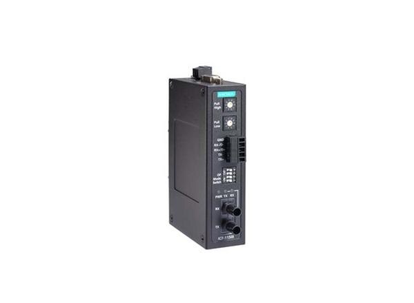 ● 3-way communication: RS-232, RS-422/485 and fiber ● Rotary switch to change the pull high/low resistor value ● Extends RS-232/422/485 transmission ● 40 km with single-mode or 5 km with multi-mode ● -40 to 85°C wide-temperature range models available ● C1D2, ATEX, and IECEx certified for harsh industrial environmentsProduct categoryMedia Convertersub-categorySerial to Fiber ConverterPartner nameMoxaSeries nameICF-1150 SeriesAttributesSerial Port1Fiber Port1Media Converters Type	Serial to Fiber Converter	Serial Interface	2 RS-232, RS-422,RS-485	Fiber Port	1PoE Ports	–	Combo Ports	–	Input Voltage	–IP	IP30	Mounting	DIN-rail mounting	Dimensions	30.3 x 70 x 115 mm(1.19 x 2.76 x 4.53 in)Weight	330 g (0.73 lb)	Housing	Metal	Operating Temperature	0 to 60°C (32 to 140°F)Warranty Period	5 years