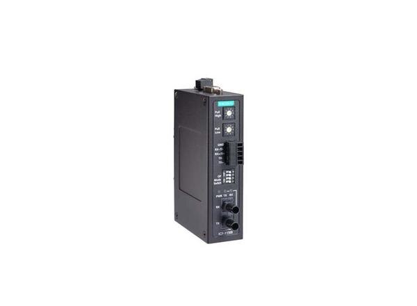  ● 3-way communication: RS-232, RS-422/485 and fiber ● Rotary switch to change the pull high/low resistor value ● Extends RS-232/422/485 transmission ● 40 km with single-mode or 5 km with multi-mode ● -40 to 85°C wide-temperature range models available ● C1D2, ATEX, and IECEx certified for harsh industrial environmentsProduct categoryMedia Convertersub-categorySerial to Fiber ConverterPartner nameMoxaSeries nameICF-1150 SeriesAttributesSerial Port1Fiber Port1Media Converters Type	Serial to Fiber Converter	Serial Interface	2 RS-232, RS-422,RS-485	Fiber Port	1PoE Ports	–	Combo Ports	–	Input Voltage	–IP	IP30	Mounting	DIN-rail mounting	Dimensions	30.3 x 70 x 115 mm(1.19 x 2.76 x 4.53 in)Weight	330 g (0.73 lb)	Housing	Metal	Operating Temperature	0 to 60°C (32 to 140°F)Warranty Period	5 years	 	 