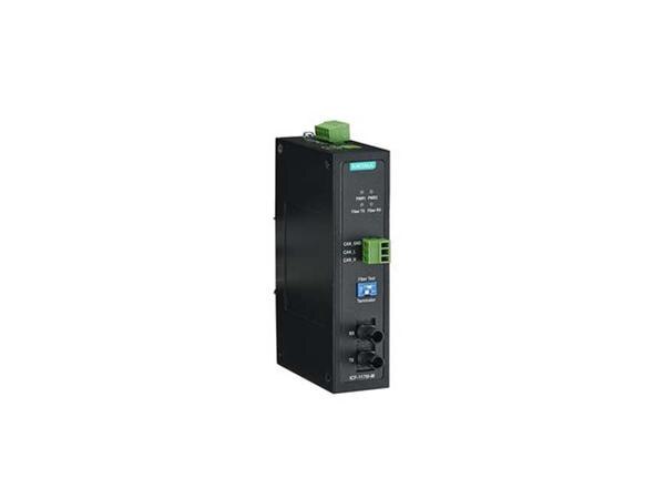  ● Transmits data up to 2 km over optical fiber ● Converts CAN signals to fiber and fiber to CAN signals ● Baudrate up to 1 Mbps ● Dual power inputs for redundancy ● DIP switch for 120 ohm terminal resistance ● DIP switch for fiber test mode ● LEDs for Fiber Tx, Fiber Rx, Power 1, Power 2 ● Wide-temperature model available for -40 to 85°C environments ● Fully compatible with the ISO 11898 standardProduct categoryMedia Convertersub-categoryFieldbus-to-Fiber ConvertersPartner nameMoxaSeries nameICF-1170I SeriesAttributesConversion TypeCAN to FiberFiber Port1Media Converters Type	Fieldbus-to-Fiber Converters	Ethernet Interface	–	Fiber Port	100BaseFX ports(multi-mode ST connector)PoE Ports	–	Combo Ports	–	Input Voltage	12 to 48 VDCIP	IP30	Mounting	DIN-rail mounting	Dimensions	30.3 x 70 x 115 mm(1.19 x 2.76 x 4.53 in)Weight	178 g (0.39 lb)	Housing	Metal	Operating Temperature	0 to 60°C (32 to 140°F)Warranty Period	5 years	 	 	 
