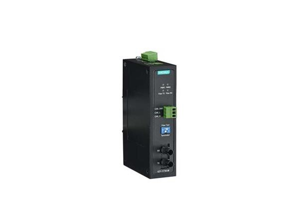 ● Transmits data up to 2 km over optical fiber ● Converts CAN signals to fiber and fiber to CAN signals ● Baudrate up to 1 Mbps ● Dual power inputs for redundancy ● DIP switch for 120 ohm terminal resistance ● DIP switch for fiber test mode ● LEDs for Fiber Tx, Fiber Rx, Power 1, Power 2 ● Wide-temperature model available for -40 to 85°C environments ● Fully compatible with the ISO 11898 standardProduct categoryMedia Convertersub-categoryFieldbus-to-Fiber ConvertersPartner nameMoxaSeries nameICF-1170I SeriesAttributesConversion TypeCAN to FiberFiber Port1Media Converters Type	Fieldbus-to-Fiber Converters	Ethernet Interface	–	Fiber Port	100BaseFX ports(multi-mode ST connector)PoE Ports	–	Combo Ports	–	Input Voltage	12 to 48 VDCIP	IP30	Mounting	DIN-rail mounting	Dimensions	30.3 x 70 x 115 mm(1.19 x 2.76 x 4.53 in)Weight	178 g (0.39 lb)	Housing	Metal	Operating Temperature	-40 to 85°C (-40 to 185°F)Warranty Period	5 years	 	 