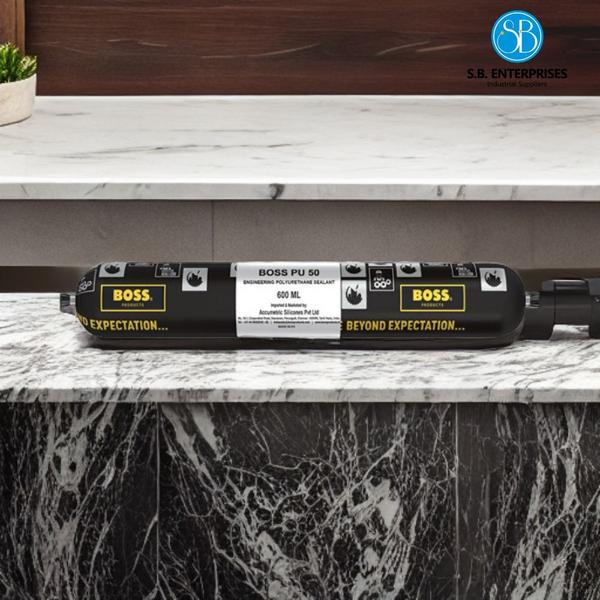 BOSS® PU 50 is a fast-curing, one-component, moisture-curing polyurethane adhesive sealant, that turns into a flexible, durable and resistant elastomeric seam and has very good adhesion to most industrial materials.Features:Applicable in warm and humid climates.Can be painted with all water-based paints and other systems.Excellent resistance to many chemicals.Good weather and UV resistance.High viscosity.Medium open time.Permanently elastic after curing.Excellent primer-less adhesion on many materials such as aluminium, steel, GRP, epoxy coatings, and so onWatertight.Applications:Adheres without primer to the most common substrates, such as glass, anodized aluminium, lacquered metal, wood, FRP, and concrete.Supple bonding and sealing in the automotive industry, especially on surfaces that vibrate – bus-bodies, caravans, and containers.Colours:This product is available in white and black.Packaging:Available in standard 600 ml sausages.Boss Pu 50 Polyurethane Sealant is a high-quality, multi-purpose sealant that provides excellent adhesion and durability. It is specially formulated with polyurethane to offer superior flexibility and resistance to weathering, making it ideal for various sealing applications.Key Features:Superior Adhesion: Boss Pu 50 Polyurethane Sealant forms a strong and reliable bond to a wide range of materials including concrete, metal, wood, glass, and plastics.Excellent Durability: The sealant is designed to withstand harsh environmental conditions, including temperature changes, UV exposure, and moisture, without cracking or shrinking.Flexible and Elastic: Its polyurethane-based formula allows for elongation and recovery, ensuring long-lasting seals that can accommodate movement and expansion.Versatile Application: Boss Pu 50 is suitable for both interior and exterior applications, such as sealing joints, gaps, cracks, and roofing seams in construction, automotive, and industrial settings.Paintable and Waterproof: Once cured, the sealant can be painted over to match the surrounding surfaces. It also provides a watertight seal, preventing water infiltration and moisture damage.Easy to Use: Boss Pu 50 is a user-friendly sealant that can be applied using a standard caulking gun. It has a smooth consistency, allowing for easy application and smooth finishes.Whether you need to seal windows, doors, skylights, or other gaps and joints, Boss Pu 50 Polyurethane Sealant offers reliable performance and long-lasting results. Its versatile nature and strong adhesion make it a go-to choice for professional contractors, DIY enthusiasts, and homeowners alike.