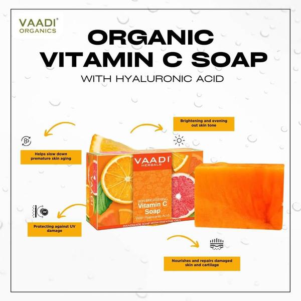 This advanced brightening and skin-smoothening Vitamin C rich soap formulated with steam distilled extract of Vitamin C rich fruits – Orange, Lemon, Kakadu Plum & Kiwi protects skin barrier. It gently cleanses your skin and its natural ingredients help protect the skin from UV damage, smoothen rough skin and improve skin texture and appearance by boosting collagen production.Kakadu Plum Extract :Repairs skin cells and brightens complexionHyaluronic Acid :Acts as a humectant and retains moisture in skinOrange Peel Extract :Helps lighten pigmentationLemon Peel Extract :Stimulates new cell growth and enhances elasticity of the skinKiwi Extract :Excellent source of antioxidant, it prevents skin from ageingIngredients : Steam Distilled Kakadu Plum Extract, Orange Peel Extract, Lemon Peel Extract, Kiwi Extract, Hyaluronic Acid, Coconut Oil Derivatives (Cocos Nucifera Oil), Olive Oil (Olea Europaea), DM Water (Aqua).