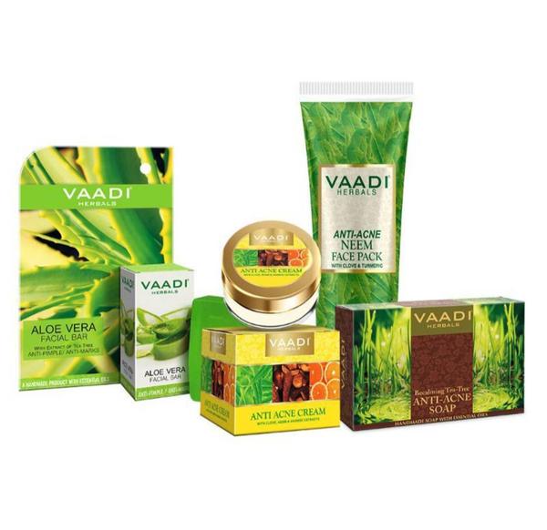 Vaadi Herbals Combo Removes Pimples & Marks Pack Cleansers & CreamANTI-ACNE CREAM - CLOVE & NEEM EXTRACT (30 GMS)Finish: Creamy Format: Face CreamAn innovative formulation, this cream tackles the acne problem at its very root. The anti-bacterial action of Clove Oil, along with Neem & Orange Extracts, kills the acne-causing bacteria. Their astringency further controls excess oil as well as unclogs and shrinks skin pores to prevent future eruptions too. Its regular use leaves your face healthy & acne-free!BECALMING TEA TREE SOAP ANTI-ACNE THERAPY (75 GMS)Finish: Bar Format: SoapWith a high concentration of anti-microbial agent, terpinen-4-ol, tea tree oil makes this soap, extremely effective against acne. It rids the surface of dirt, germs & excess sebum. It even unclogs pores and relieves skin congestion; granting you freedom from acne worries!ALOE VERA FACIAL BAR WITH EXTRACT OF TEA TREE (25 GMS)Finish: Bar Format: Facial BarAloe Vera in this facial bar supplemented with Tea Tree extracts acts as an anti-septic agent and rids the face of acne-causing bacteria. This specialized facial soap keeps the skin problem free and gently lightens marksAnti-Acne Neem Face Pack with Clove & Turmeric (120gm)An excellent mix of Herbal Extracts that clear skin blemishes and remove acne and pimples. Also reduces skin ageing.