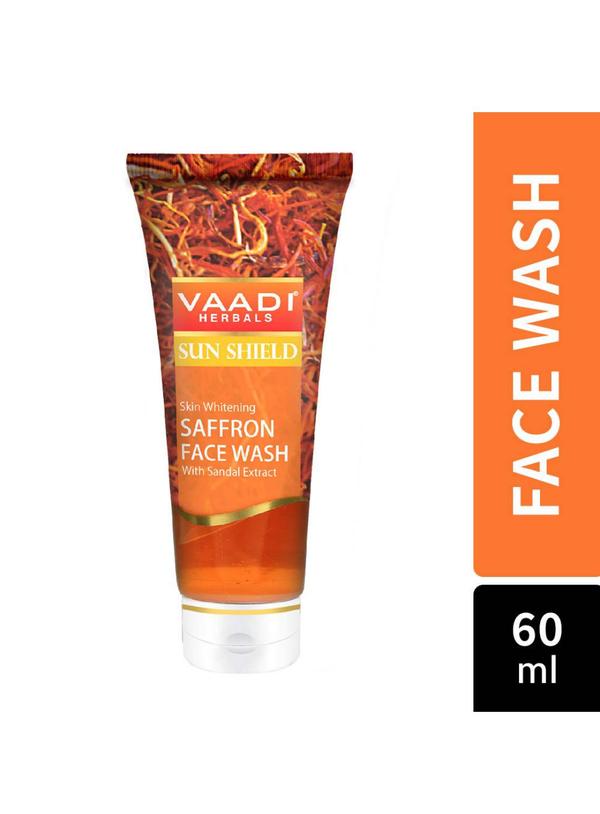 Vaadi Herbals Skin Whitening Saffron Face Wash with sandal extract is an innovative after-sun care herbal formulation. This face wash fights and reverses the UV damage to the skin, while leaving it feeling cool and refreshed. Antioxidants, saffron and sandal, further soothe exposed skin, as well as miraculously fade away sun tan and pigmentation, granting you a fairer and smoother complexion.Key features:- Tan removal facial cleanser to give you clearer, fresh and flawless skin- Infused with the natural goodness of saffron and sandal extracts- Saffron fades scars, sun spots, dark patches and blemishes- Sandal is an excellent antiseptic; it cures rashes, burns, reduces tan and eruptions- Moistens the skin to prevent dryness and itching- Improves the texture to make skin soft and supple- Suitable for dull, sun-damaged skin type Paraben-free products made using plant-based ingredients- All Vaadi Herbals products are organiccertified and not tested on animalsKey ingredients:- Saffron: Soothes sunburns, reduces pigmentation and tanning- Sandal: Reduces tan, protects skin from the sun's harmful UV raysHow to use:• Squeeze a small quantity on the wet palm of your hand.• Apply on a wet face with circular motions.• Wash off.• For best results, use regularly morning and evening.