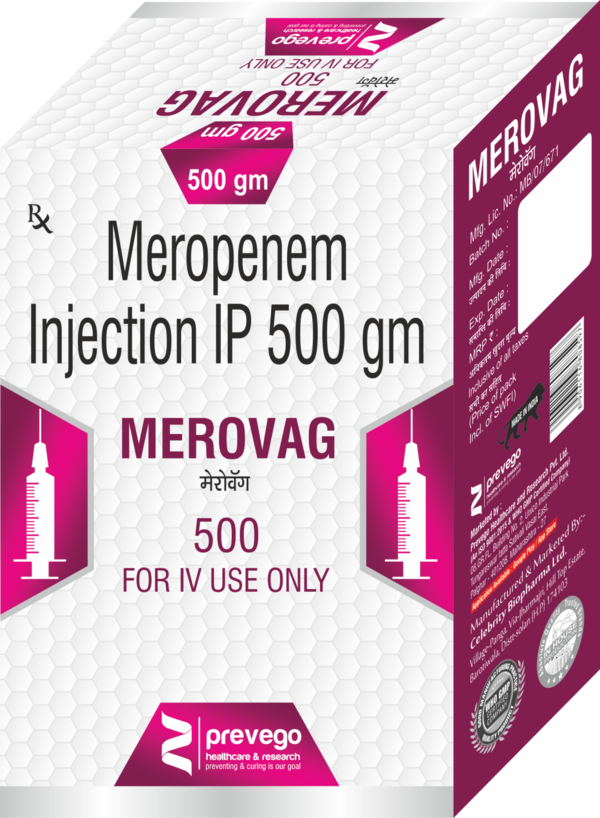 Merovag 500mg Injection is an antibiotic that is used to treat severe infections of the skin, lungs, stomach, urinary tract, blood, and brain (eg. meningitis). It works by killing the bacteria that cause these problems. However, it will not treat a viral infection.