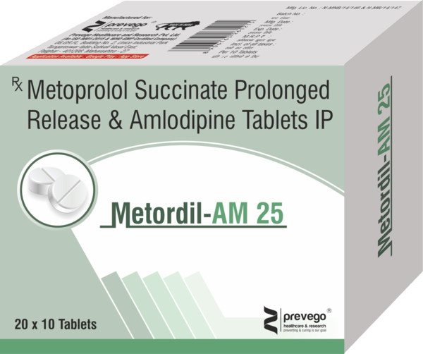 METORDIL AM 25 Tablet contains two medicines, both of which help to control high blood pressure and heart rate. It is also used for heart-related chest pain, abnormal heart rhythms and chronic (long-term) heart failure.