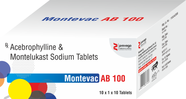 MONTEVAC AB 100 Tablet helps prevent and treat asthma and chronic obstructive pulmonary disorder (COPD). It may also help relieve allergy symptoms such as runny and stuffy nose, sneezing, watery eyes, congestion, or stuffiness. It helps relax the muscles of the air passages thereby making it easier to breathe.