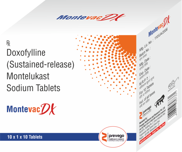 MONTEVAC DX Tablet helps prevent and treat asthma and chronic obstructive pulmonary disorder (COPD). It may also help relieve allergy symptoms such as runny and stuffy nose, sneezing, watery eyes, congestion, or stuffiness. It helps relax the muscles of the air passages thereby making it easier to breathe.