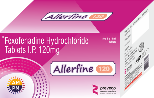 ALLERFINE 120mg Tablet is an anti-allergy medicine used in the treatment of allergic symptoms such as runny nose, congestion or stuffiness, sneezing, itching, swelling, and watery eyes. It also helps treat skin allergies with itching, redness, or swelling.