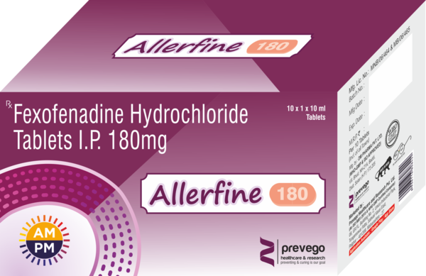 ALLERFINE 180MG Tablet is an anti-allergy medicine used in the treatment of allergic symptoms such as runny nose, congestion or stuffiness, sneezing, itching, swelling, and watery eyes. It also helps treat skin allergies with itching, redness, or swelling.