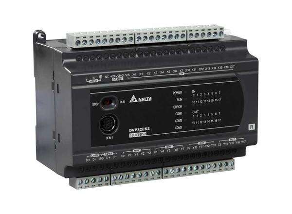 ES2 series is a small PLC for basic sequential control. It is economical, highly efficient, and functional.● MPU points: 16 / 20 / 24 / 32 / 40 / 60● Program capacity: 16k steps● Built-in with 3 COM ports: 1 RS-232 port and 2 RS-485 ports, all are able to operate independently (Master/Slave)● Max. I/O points: 256 input points + 16 output points, or 256 output points + 16 input points● DVP-EX2 MPU is built in with 12-bit 4AD/2DA and offers analog/temperature modules of 14-bit resolution.● Built-in with 8 high-speed input points (2 points for 100kHz, 6 points for 10kHz) and supports U/D, U/D Dir, A/B counting modes● New motion control instructions: Close loop control, alignment mark, shield, immediate variable speed, S-Curve acceleration/deceleration● Application in the emerging industry: Exclusive instructions and function blocks designed for PV solar tracker● Handy instructions for frequency inverter: For controlling the forward running, reverse running, RUN and STOP of Delta@@s AC motor drives● Password protection: Password for the subroutine, user ID, restriction on trial times● Highly efficient instruction efficient instruction execution
