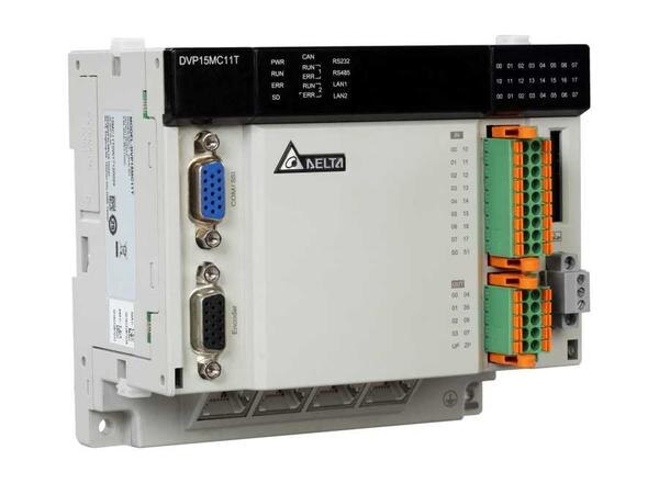 DVP15MC is a type of multi-axis motion controller researched and produced by Delta autonomously on basis of CANopen field bus/EtherCAT. 15MC complies with CANopen DS301 basic communication protocol and DSP402 motion control protocol. In addition, it also supports standard instruction libraries defined by international organizations for motion control. It brings great convenience to users to learn and develop projects quickly. A maximum of 24 axes can be controlled by means of a Motion port.● Up to 24 real axes control (virtual axis no.: 1 ~ 32, can’t be repetitive with real axis no.)● Built-in motion control instructions (supporting Jerk and BufferMode) and easy to use● Supports encoder axis and virtual axis● Single axis motion control instructions: speed, torque, homing, and position setup● Application instructions: electronic gear, E-Cam, and rotary cut● G-code: 8 axes linear / arc / helical interpolation● Coordinates motion control instruction● 1 GHz high-speed floating-point operation● High-precision computing: supports LREAL (Double-precision floating-point format )● Synchronization time: 4 axes in 2 ms / 8 axes in 4 ms● Program capacity: 20 MB● Data capacity: 20 MB● 1 CANopen port as host or slave station● 1 CANopen (Motion) communication port for motion control● 16 high-speed inputs / 8 high-speed outputs● 2 incremental encoder interfaces● 1 SSI absolute encoder interface● 2 Ethernet ports● 1 SD card slot● 1 RS-232 port and 1 RS-485 port● Extension:Left-side: Supports up to 8 DVP-S Series modules (master/slave / load cell modules)Right-side: Compatible with DVP-S Series modules (240 I/O, 8 special modules)
